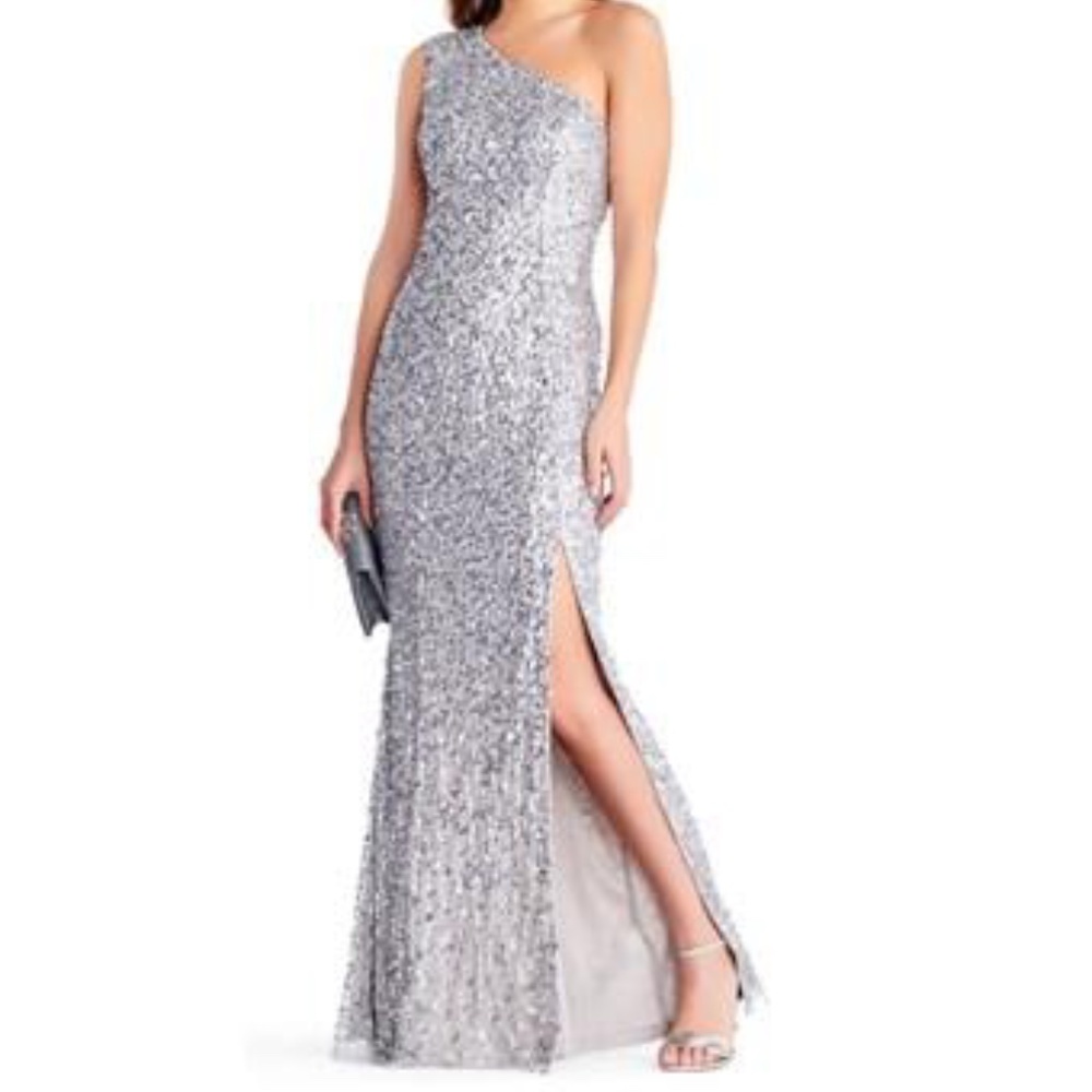 Adrianna Papell Silver Sequin Formal long dress